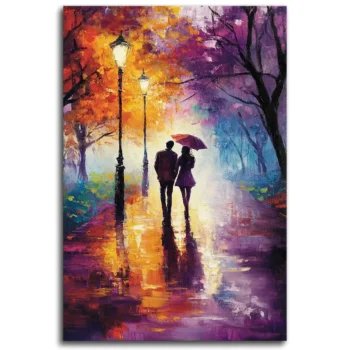 Romantic Stroll Under Rain Wall Art - Blue Wall Art