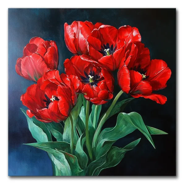 Red Tulips on a Dark Canvas