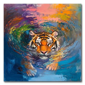 Swimming Tiger in Colorful Waves
